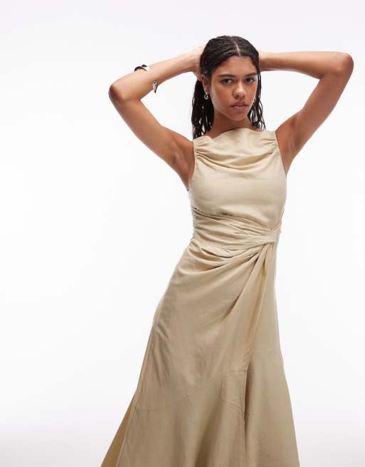 & Other Stories – Ljusgul/beige, draperad midaxiklänning med asymmetrisk, utsvängd fåll, 2 av 4