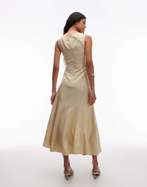 & Other Stories – Ljusgul/beige, draperad midaxiklänning med asymmetrisk, utsvängd fåll, 3 av 4