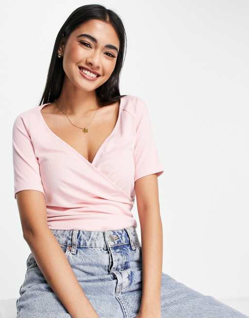 & Other Stories – Ljusrosa crop top i jersey med omlottdesign framtill - PINK