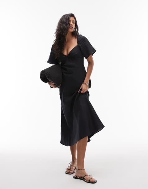 & Other Stories linen puff sleeve midaxi dress with twist sweetheart neckline in black