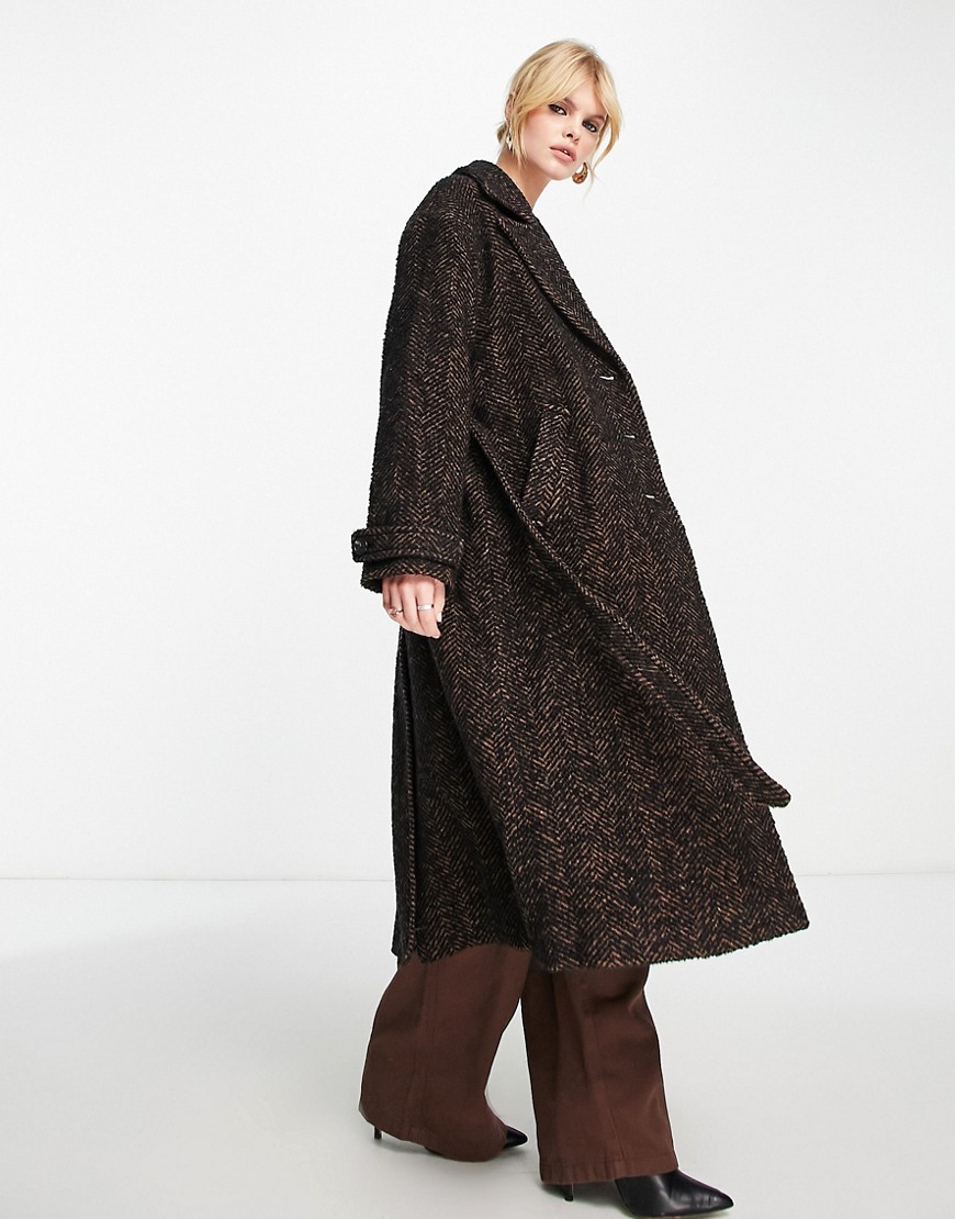 & Other Stories long belted coat in brown herringbone-White