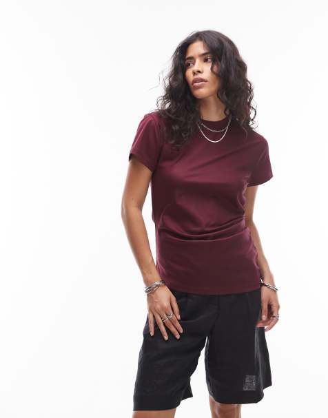 & Other Stories long line jersey t-shirt with asymmetric drape detail in burgundy wine - view 1