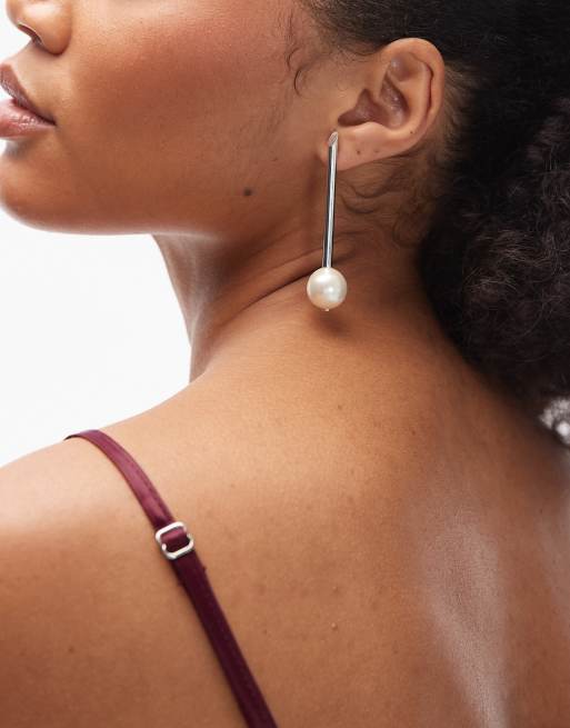 & Other Stories long pendant faux pearl earrings in silver tone, 3 of 3