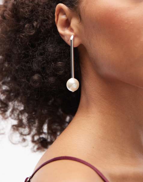 & Other Stories long pendant pearl earrings in silver - view 1