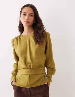 & Other Stories Long Sleeve Blouse With Back Tie In Green