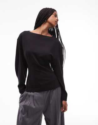 & Other Stories Long Sleeve Boatneck Drapey Top In Black