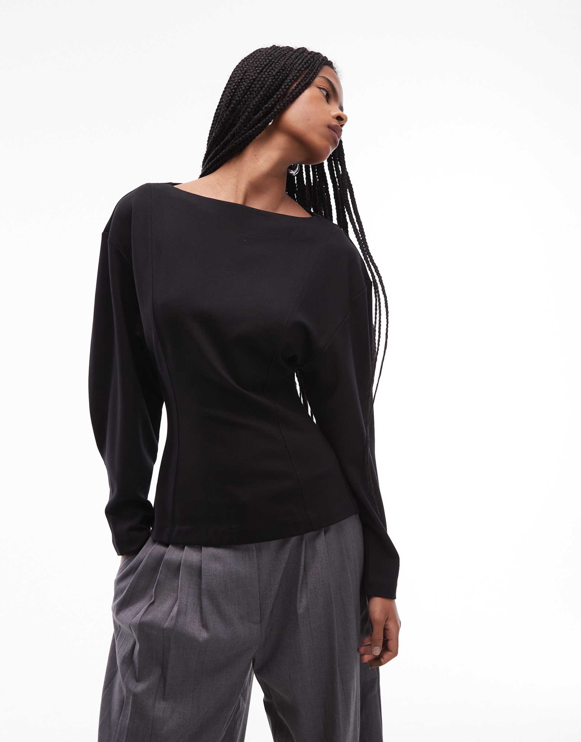 & other stories long sleeve boatneck drapey top in black