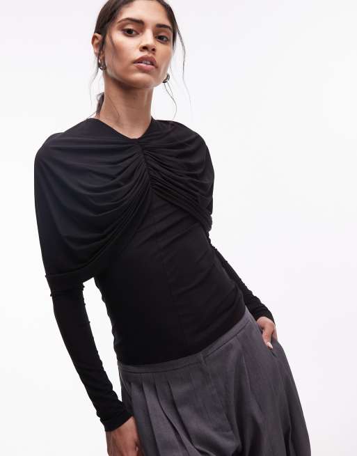 & Other Stories long sleeve cap detail jersey top in black, 2 of 4