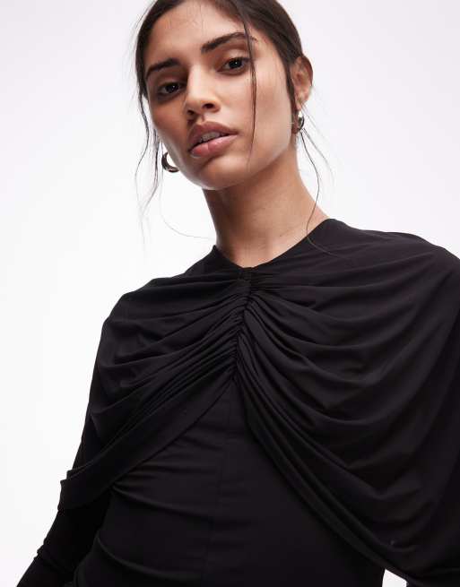 & Other Stories long sleeve cap detail jersey top in black, 3 of 4