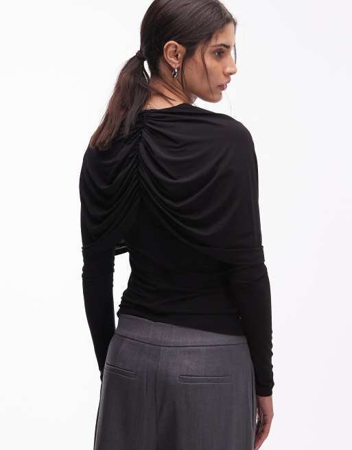 & Other Stories long sleeve cap detail jersey top in black, 4 of 4