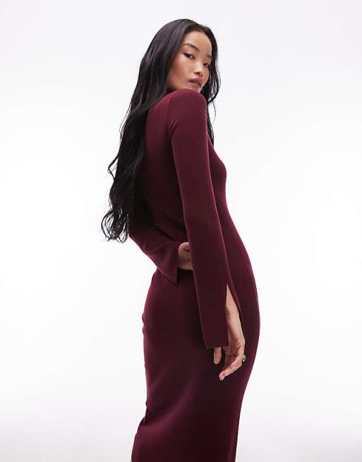 burgundy long sleeve midi dress Off-Shoulder Sweater Burgundy Round Neckline Long Sleeves Open Back Side Slit Detail Midi Length Dress Has Stretch 19 Armpit To Sleeve End 37 Armpit To Hemline 82% Polyester Love Me Forever Burgundy Floral