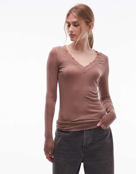 & Other Stories long sleeve deep v neck lace trim top in brown