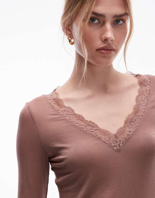 & Other Stories long sleeve deep v neck lace trim top in brown, 3 of 4