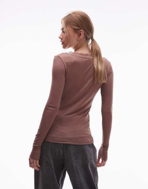 & Other Stories long sleeve deep v neck lace trim top in brown, 4 of 4