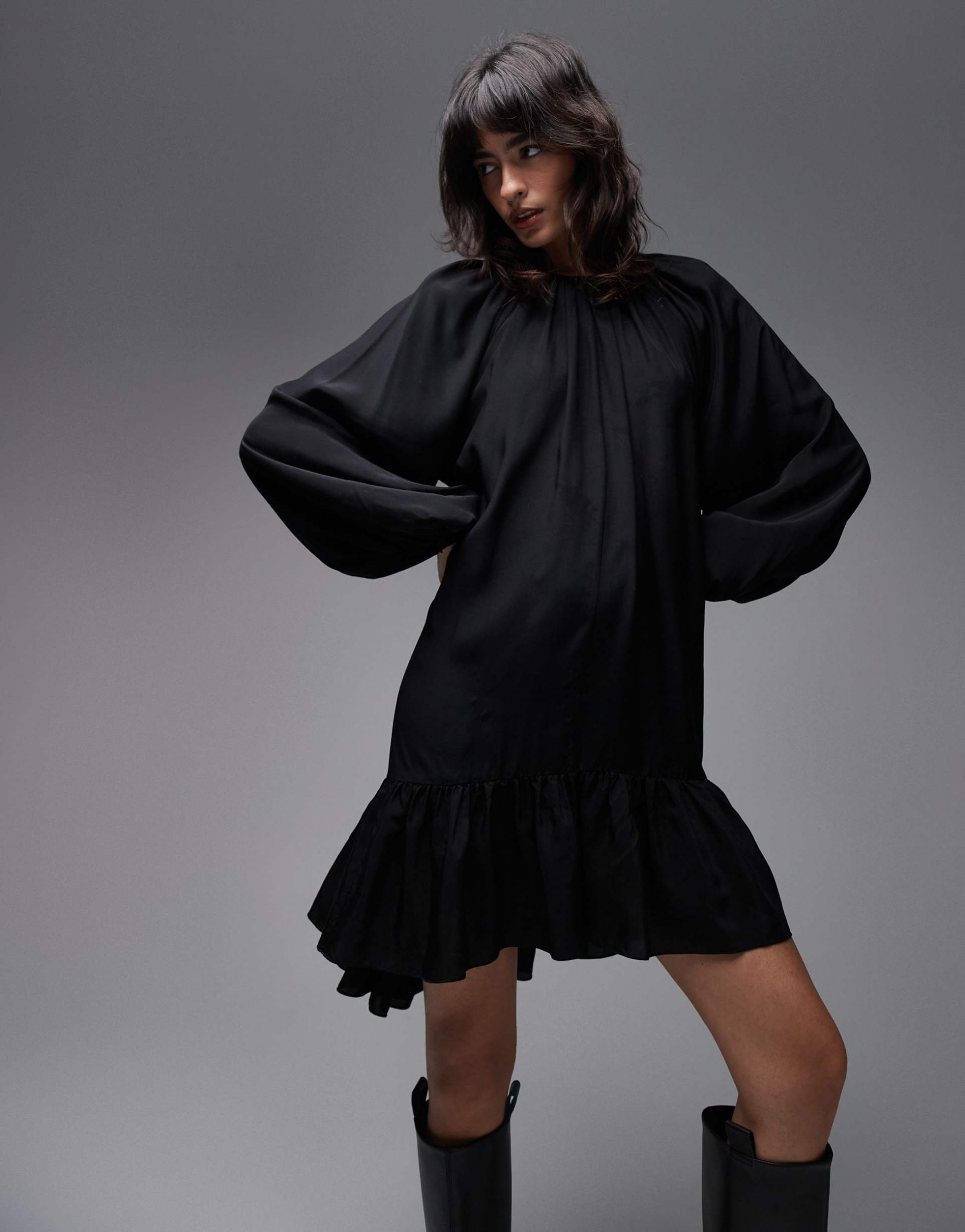 & other stories long sleeve floaty midi dress with ruffle detail in black