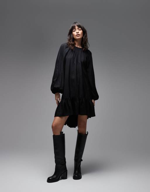 & Other Stories long sleeve floaty midi dress with ruffle detail in black, 4 of 4