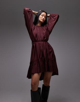 & Other Stories & Other Stories long sleeve floaty midi dress with ruffle detail in burgundy-Red