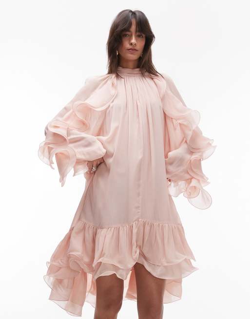 & Other Stories long sleeve floaty midi dress with ruffle detail in pink, 4 of 4