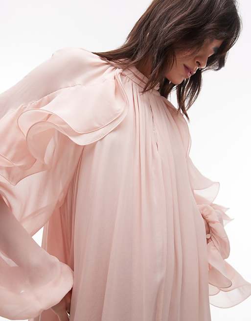 Pink Ruffled Sleeve Black Midi Dress Pink Ruffled Sleeve Black Midi Dress