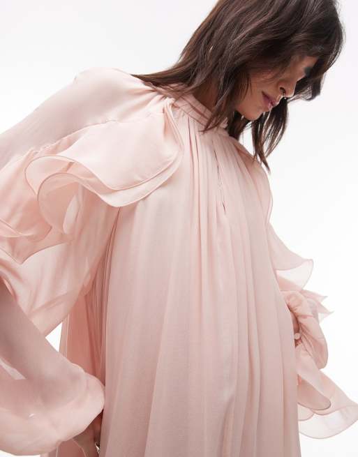 Pink Ruffled Sleeve Black Midi Dress