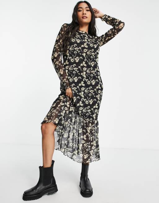 Long sleeve floral mesh clearance dress