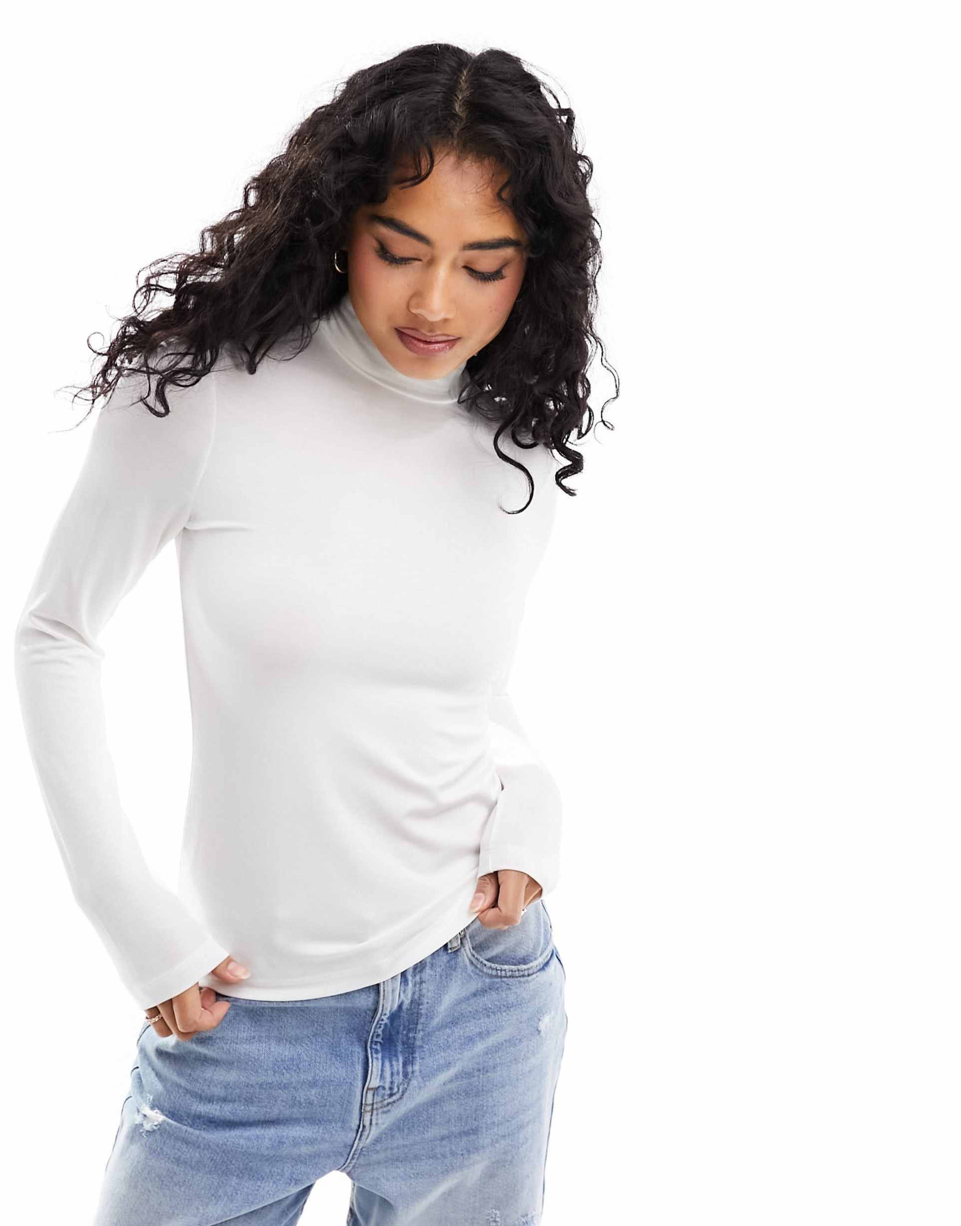 & other stories long sleeve high neck stretch top in soft white
