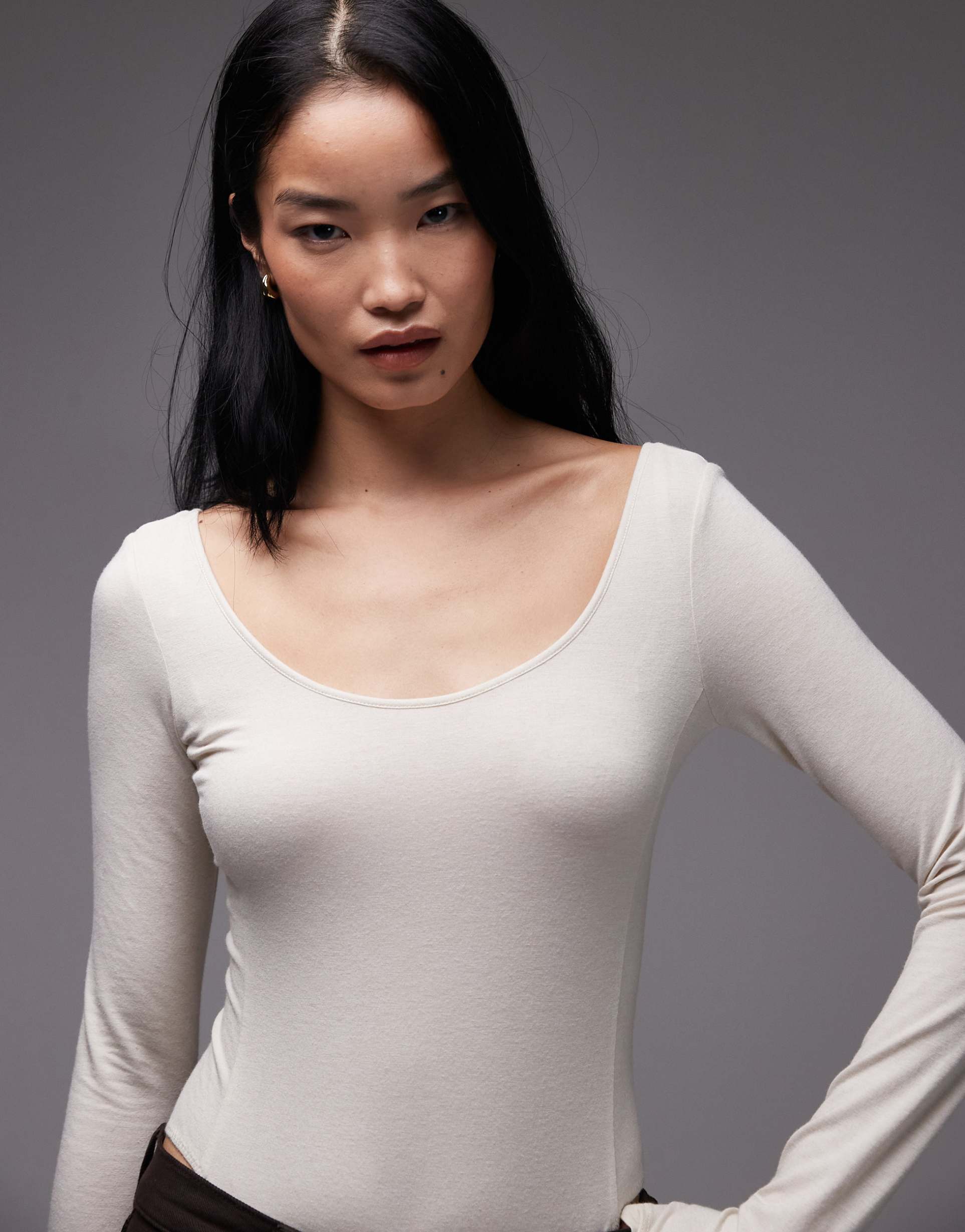 & other stories long sleeve jersey bodysuit with soft binding and side panels in light white
