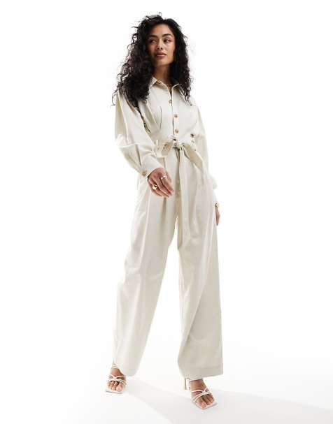 & Other Stories long sleeve jumpsuit with button front and tie waist in light beige - view 1