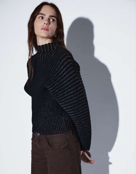 & Other Stories long sleeve knit top with high neck and rib detail in black - view 1