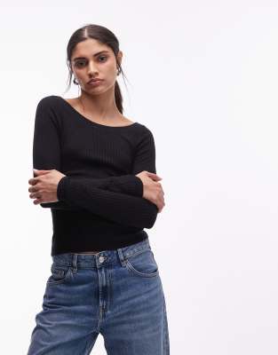& Other Stories Long Sleeve Knit Top With Scoop Neck In Black