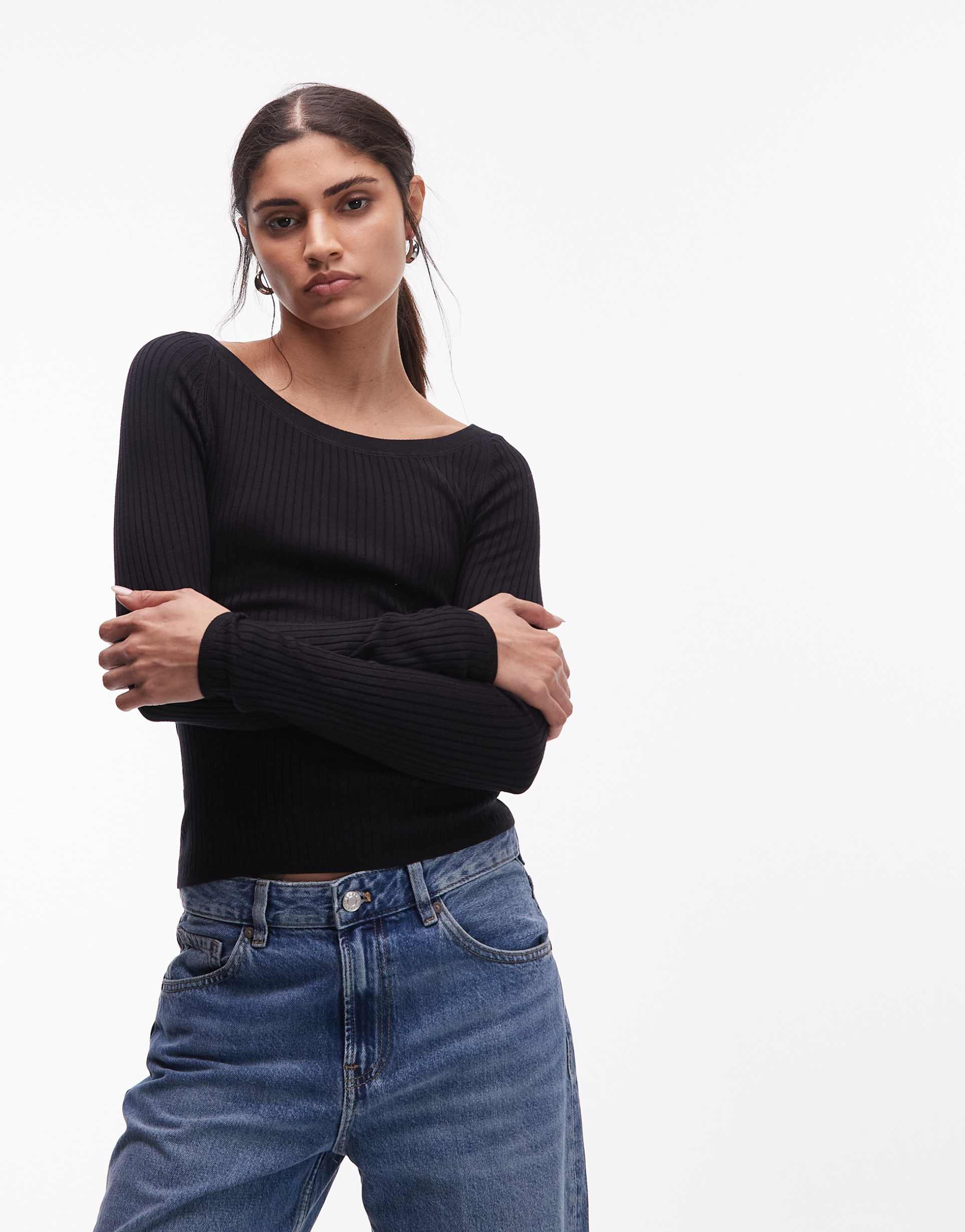 & other stories long sleeve knit top with scoop neck in black