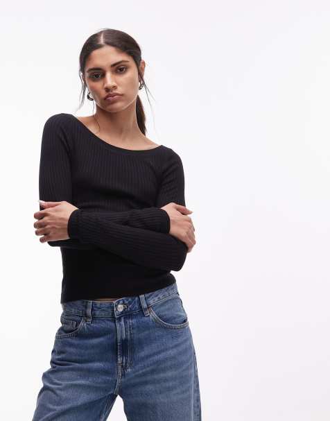 & Other Stories long sleeve knit top with scoop neck in black 