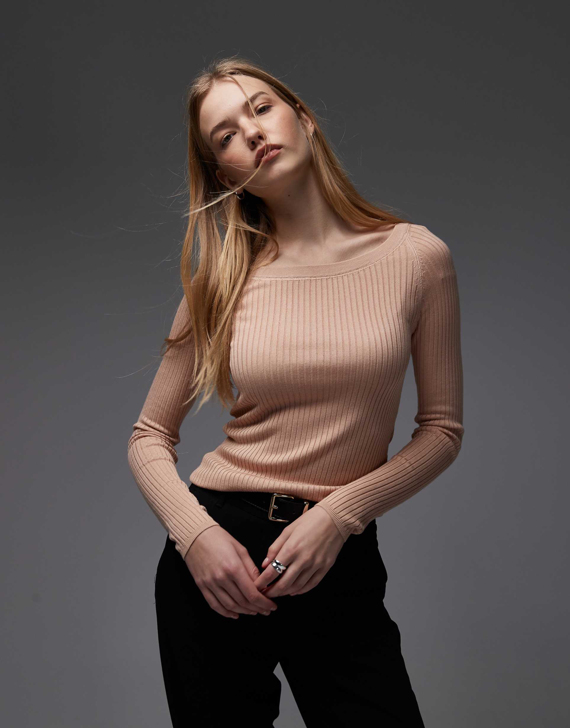 & other stories long sleeve knit top with scoop neck in peach