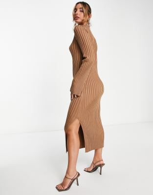  Other Stories long sleeve knitted midi dress in light brown