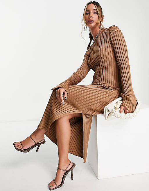  & Other Stories long sleeve knitted midi dress in light brown 