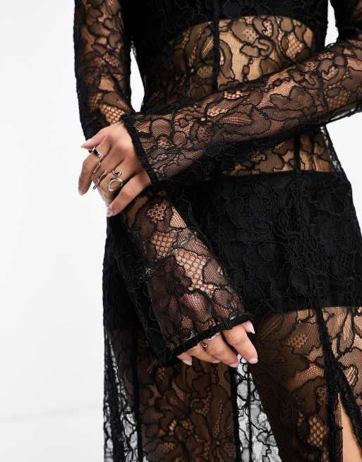 & Other Stories long sleeve lace maxi dress with thigh split in black | ASOS