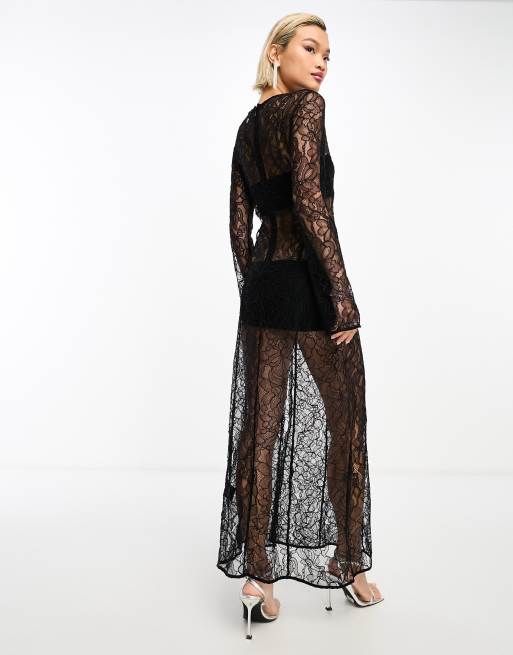 & Other Stories long sleeve lace maxi dress with thigh split in black | ASOS