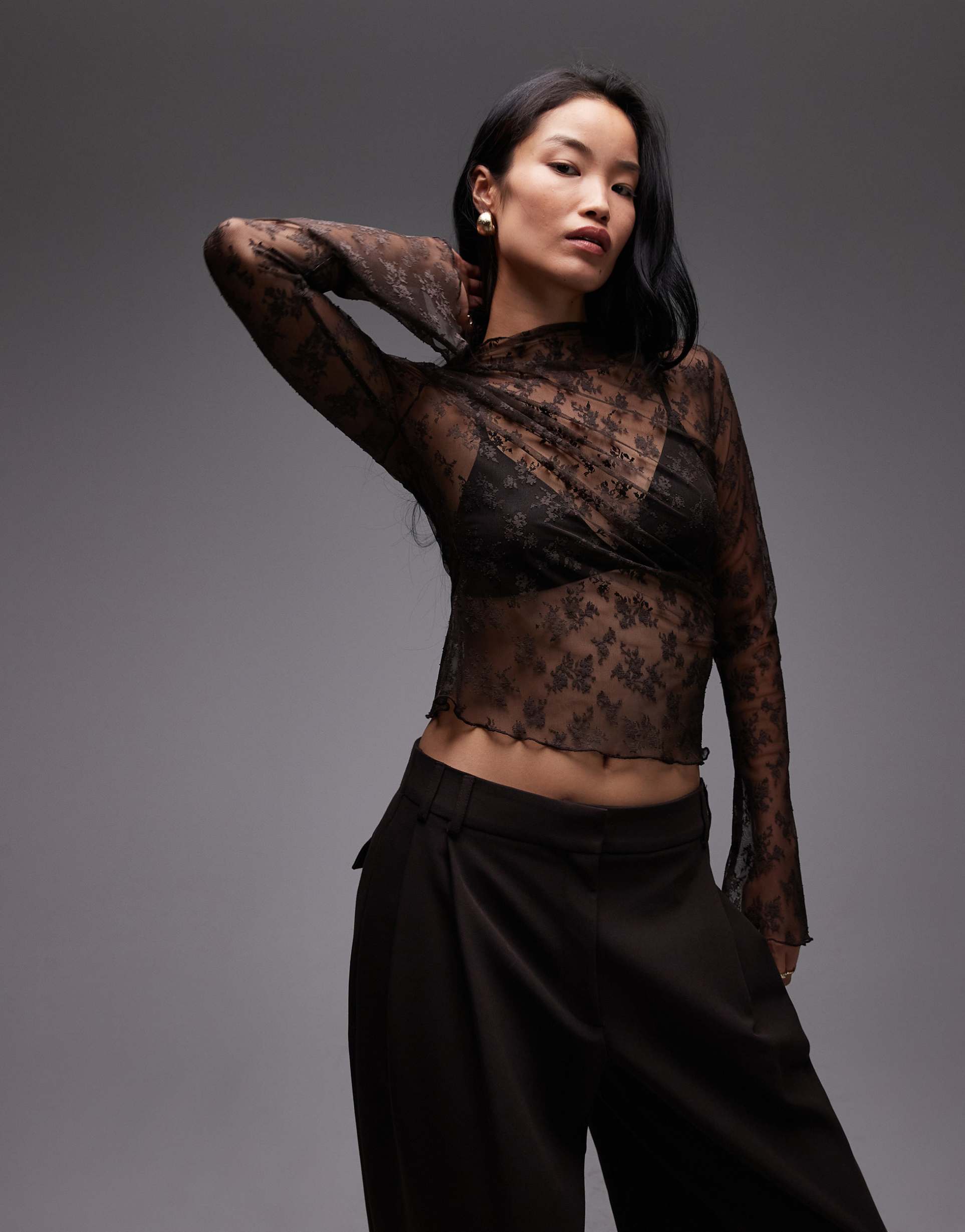 & other stories long sleeve lace top in dark brown