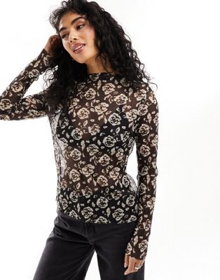 Other Stories &  Long Sleeve Mesh Top In Floral Lace Jacquard-black