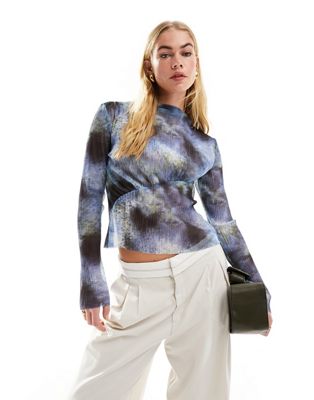 & Other Stories long sleeve mesh top with asymmetric bodice in blurred inky print