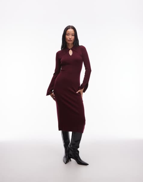 & Other Stories long sleeve midi collared knitted dress in dark red burgundy - view 1