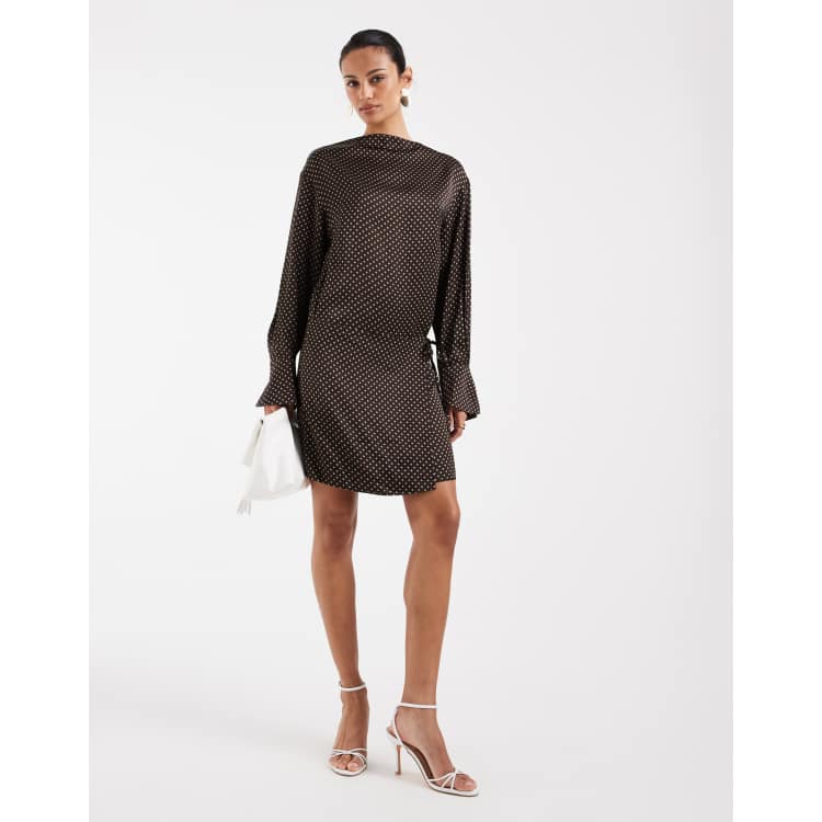 & Other Stories long sleeve mini dress with asymmetric wrap skirt detail in  brown and white print | ASOS