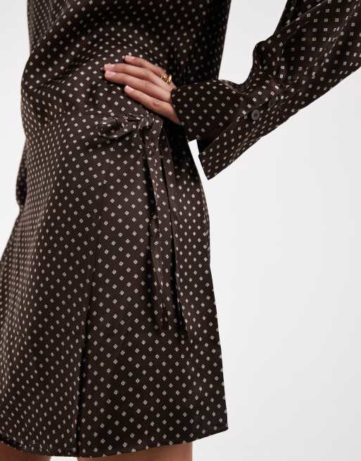 & Other Stories long sleeve mini dress with asymmetric wrap skirt detail in  brown and white print | ASOS