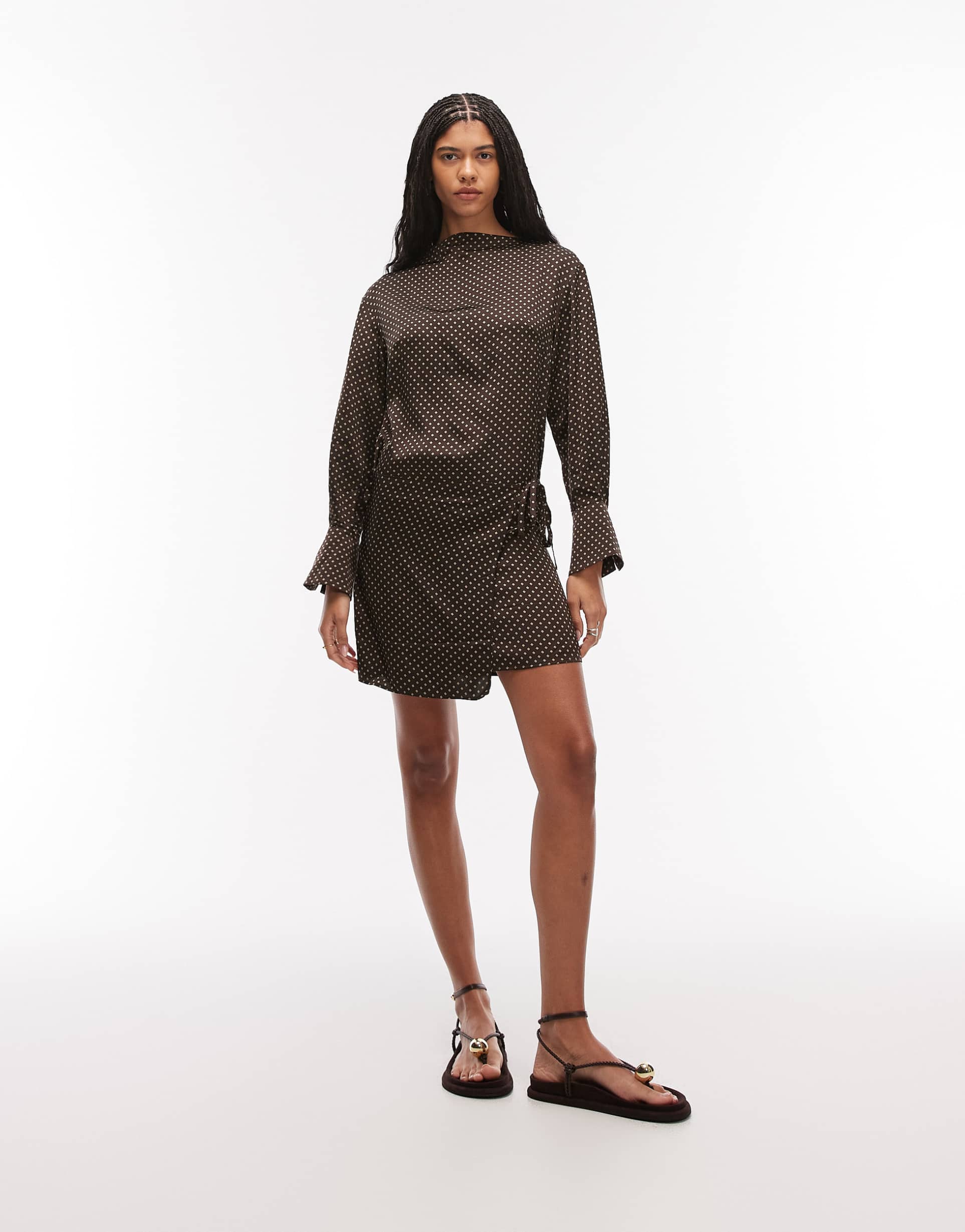 & other stories long sleeve mini dress with asymmetric wrap skirt detail in brown polka dot
