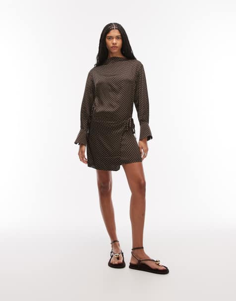 & Other Stories long sleeve mini dress with asymmetric wrap skirt detail in brown and white print