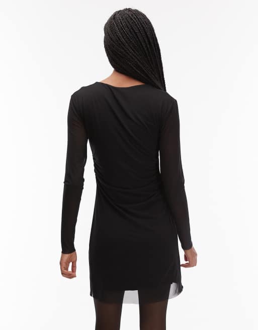 & Other Stories long sleeve mini mesh dress with drape detail in black