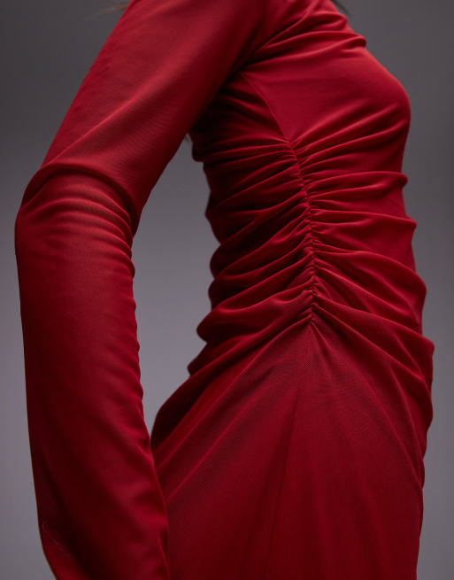 & Other Stories long sleeve mini mesh dress with drape detail in red | ASOS