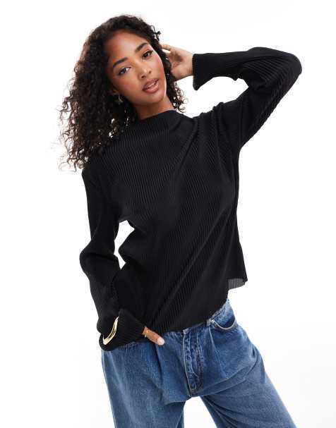 & Other Stories long sleeve mock neck plisse top in black - view 1