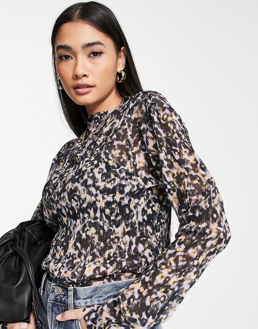 & Other Stories long sleeve recycled polyester crinkle print top crinkle in black and pink-Multi