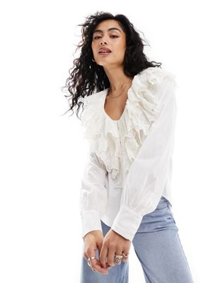 & Other Stories long sleeve relaxed blouse with v neck double ruffle detail in white